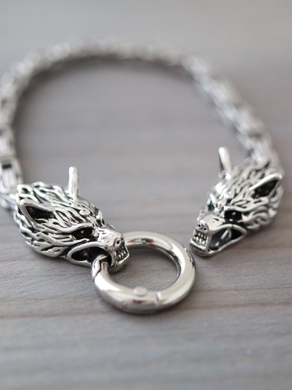 Wolf Double Head Viking Style Byzantine Chain Bracelet Silver Stainless Steel